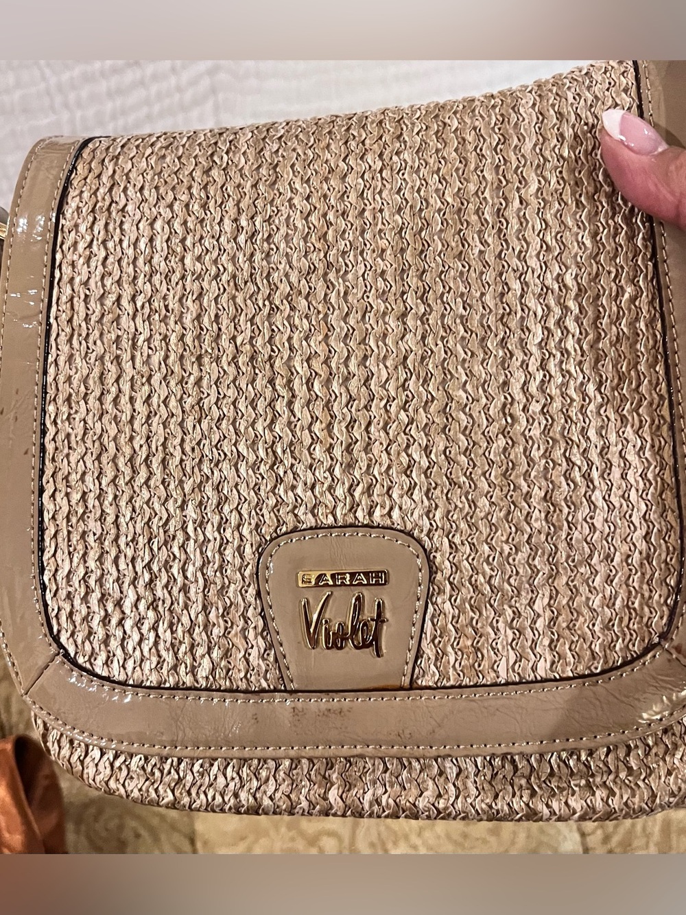 Sarah Violeg Tan Woven Cross body  Bag with Patent Trim